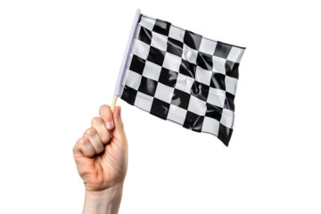 man hand hold checkered flag isolated on transparent background