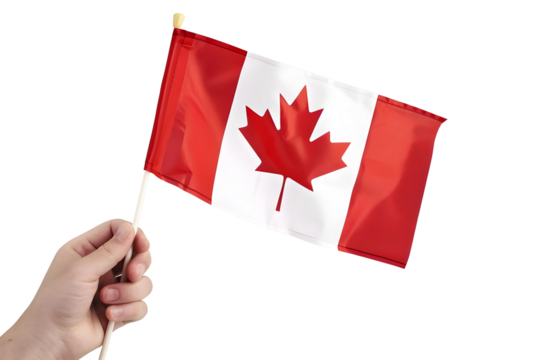 man hand hold national flag of Canada isolated on transparent background