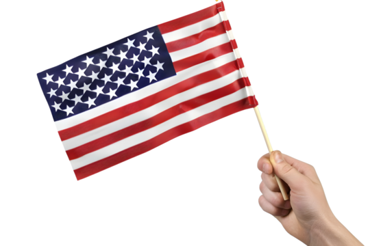 man hand waving american flag isolated on transparent background