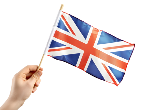 man hand hold national flag of United Kingdom isolated on transparent background