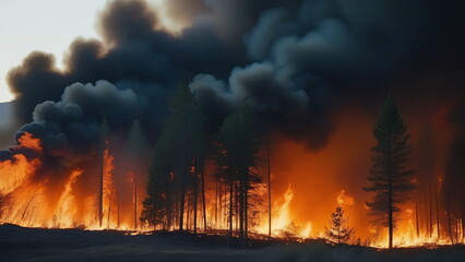 Fototapeta na wymiar Fire in the forest spreads in dry weather in summer