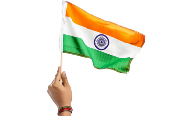 man hand hold national flag of India isolated on transparent background