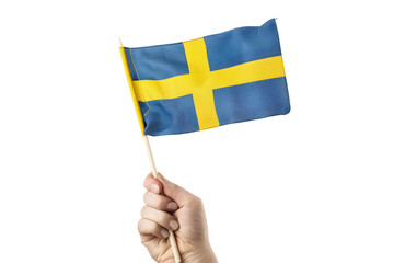 man hand hold national flag of Sweden isolated on transparent background