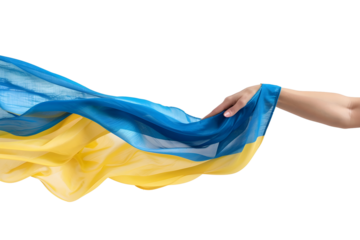 man hand hold national flag of Ukraine isolated on transparent background