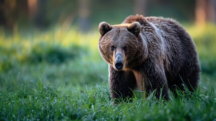 Fototapeta premium Immerse in nature's embrace, this bear's calm demeanor contrasts with the vivid green backdrop