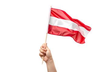 man hand hold national flag of Austria isolated on transparent background