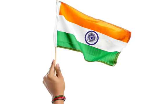 man hand hold national flag of India isolated on transparent background