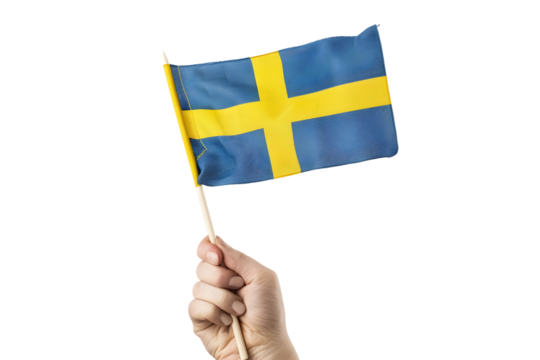 man hand hold national flag of Sweden isolated on transparent background