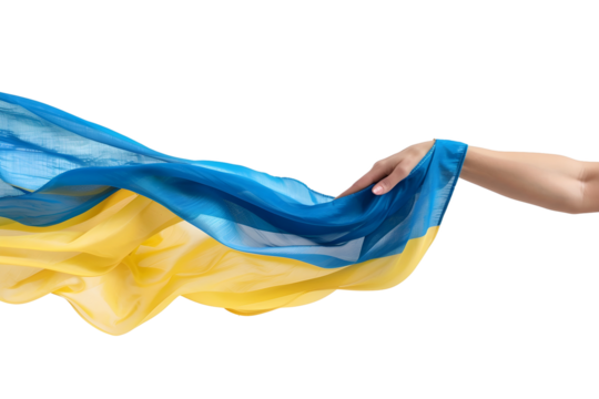 man hand hold national flag of Ukraine isolated on transparent background