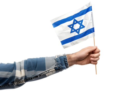 man hand hold national flag of Israel isolated on transparent background