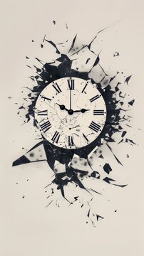 Exploding clock face in a dynamic black and white image. Time pressure and deadline concept