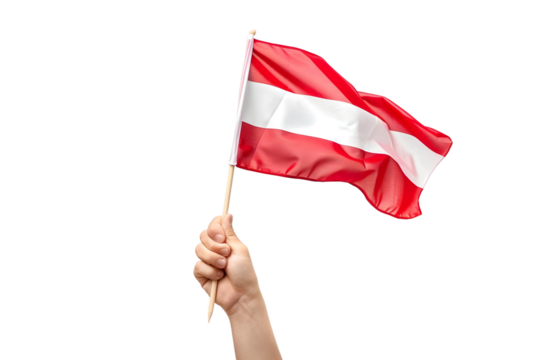 man hand hold national flag of Austria isolated on transparent background
