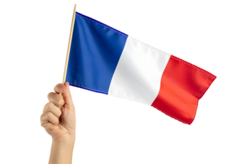 man hand hold national flag of France isolated on transparent background