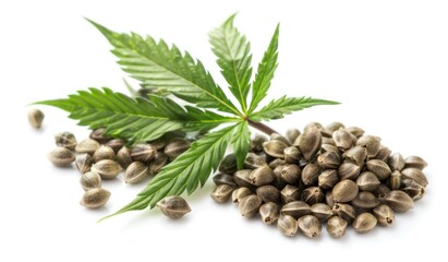 Heap of hemp seeds, cannabis seeds with leaf isolated on white background.