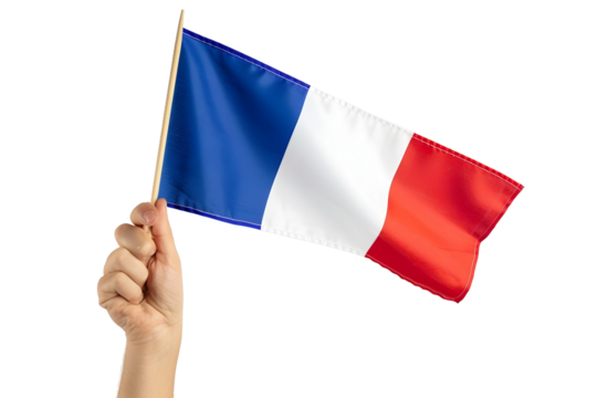 man hand hold national flag of France isolated on transparent background - Powered by Adobe