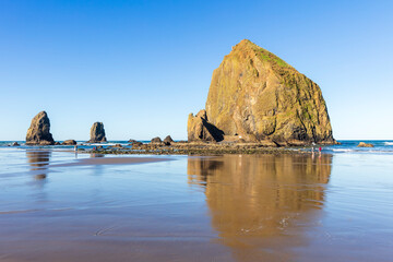 The tide out at Haystack Rock in Cannon Beach Oregon