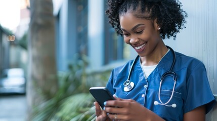 African-American female nurse using smartphone outside healthcare facility. Casual outdoor professional setting.