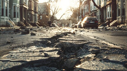 Destroyed urban road with aftermath of an earthquake. Debris and damaged infrastructure under a clear blue sky