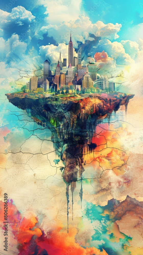 Poster Artistic representation of a city on a floating earth fragment amidst clouds, depicting seismic instability