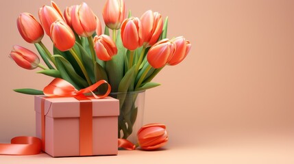 Fototapeta premium Bouquet of tulips and gift box on orange background.