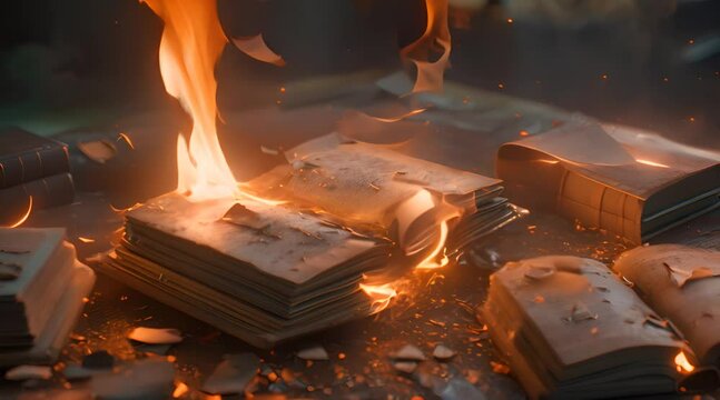 Old books burning on a table in a dark room	
