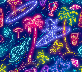 Seamless pattern with neon lights and beach items.