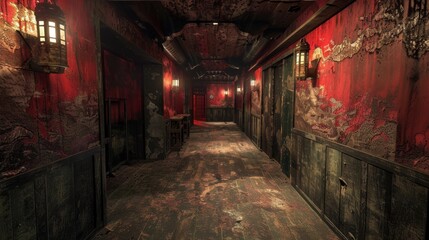 Obraz premium The dark and mysterious hotel hallway is the perfect setting for a horror movie.