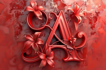 3D Render Red Letter A with Engraved Flowers on Abstract Background