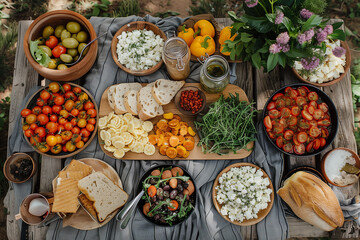 Fototapeta premium Stylish flat lay shots of delicious outdoor meals, beautifully set table with dishes