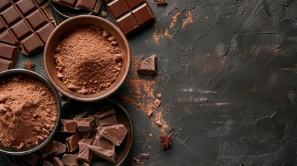 Variety of dark chocolate bars and cocoa powder closeup. Rich flavor and chocolate making concept.