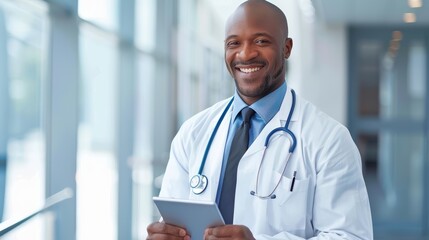Confident African American male doctor using tablet in modern hospital setting - Powered by Adobe