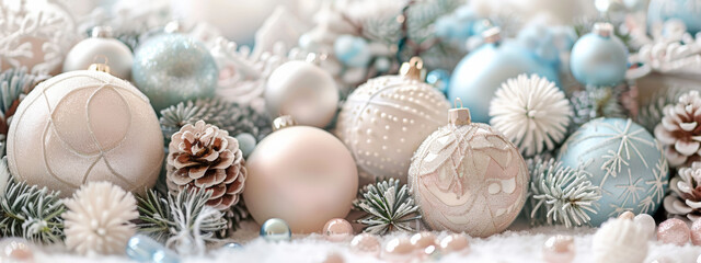 Elegant display of Christmas decorations in soft pastel colors, featuring baubles and pine cones for a festive and serene setting.
