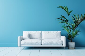 blue wall background with white sofa and green plants beside it.