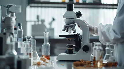 Detailed view of a laboratory microscope surrounded by scientific glassware, showcasing research and testing environments.