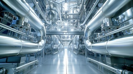 Naklejka premium Futuristic Industrial Plant with Shining Metal Pipelines and Modern Engineering. Generative ai