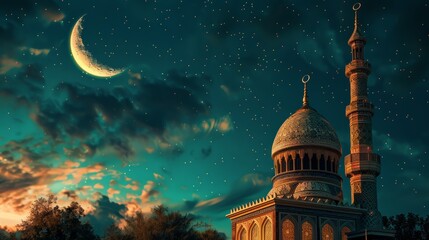 Ornate mosque with golden crescent moon in starry night sky. Ramadan and Islamic celebration concept.