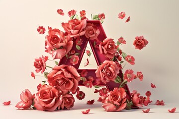 3D Render Red Letter A with Engraved Flowers on Abstract White Background