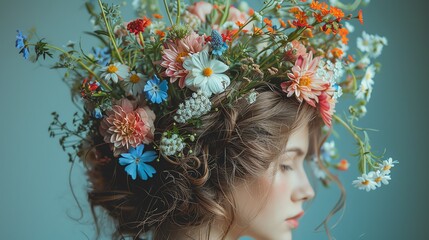 Naklejka premium Flower Crown on a Persons Head, a whimsical and romantic image with flowers worn as a crown