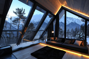 A frame house with big windows overlooking the snowcapped mountains. Generative AI