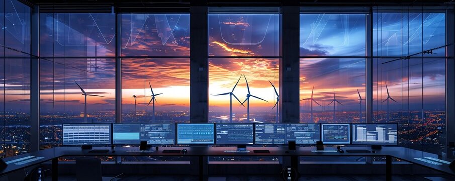 State-of-the-Art Energy Control Center with Futuristic Technology Monitoring Cityscape at Sunset for Sustainable Urban Development