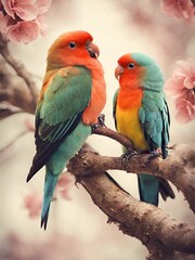 couple of parrots sitting on branch