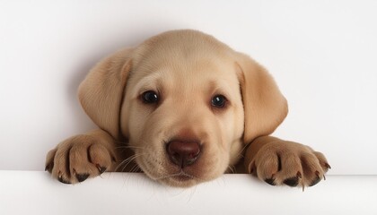 cute little labrador puppy lying isolated on white background top view