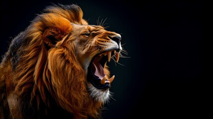 Naklejka premium Majestic Roaring Lion in Dark Backdrop, Powerful Wildlife Portrait. Close-up of a King, Fierce Animal Expression Captured. AI