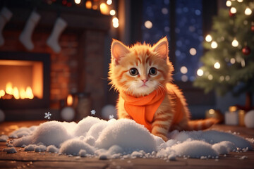 Cute and funny orange kitten at Christmas