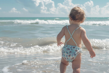 Fototapeta premium Adorable toddler girl on sand beach. Generative AI