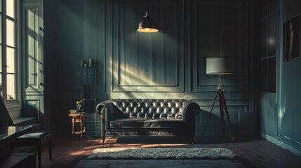 Warm lighting illuminates a vintage-style room with a classic leather sofa and a blend of modern...