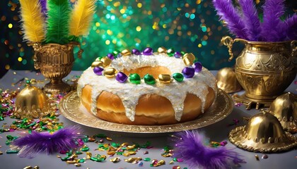 king cake surrounded by mardi gras decorations, christmas cake with candles, King cake, sliced Mardi Gras king cake