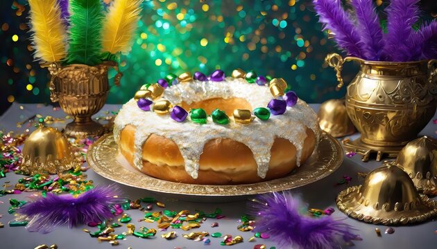 king cake surrounded by mardi gras decorations, christmas cake with candles, King cake, sliced Mardi Gras king cake