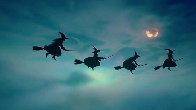 Witches Flying on Broomsticks in night a cloudy sky full moon, Halloween Background 4k High-Quality Animated video