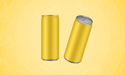Set of yellow tin cans of energy drink, juice or soda. Cocktail or fitness drink. Cold beverages. Can top view. Abstract background with bubbles and rays